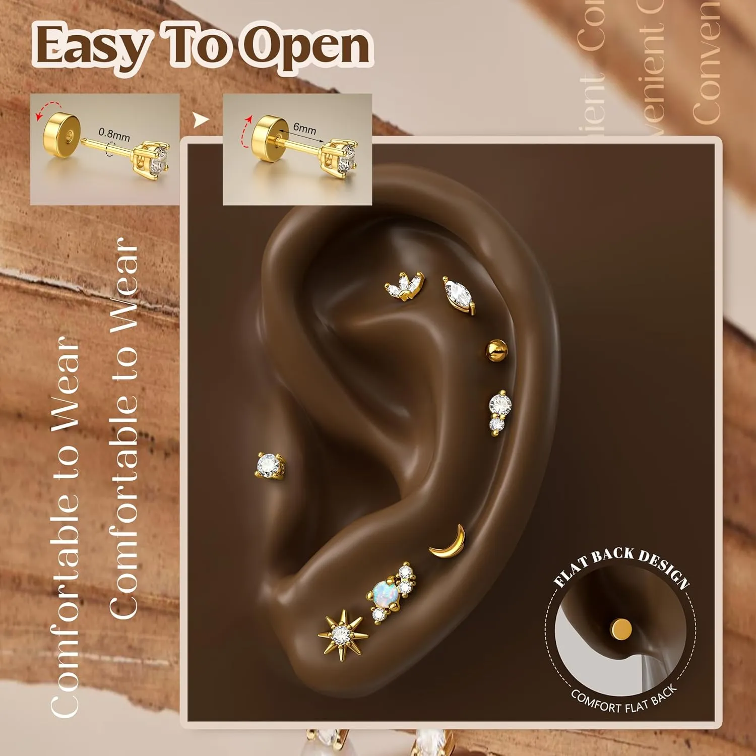 Gold Flat Back Earrings for Women Sterling Silver Earrings Post Hypoallergenic 14k Gold Plated Stud Earrings for Women Trendy Cartilage Earring Helix Conch Tragus Piercing Jewelry Dainty CZ Opal Flatback Stud Earrings Set 3 Pairs