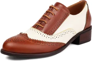 GORBINETI Women's Perforated Lace up Business Oxford Wingtip Round Toe Multicolor Leather Flat Oxford Retro Brogues Dress Shoes