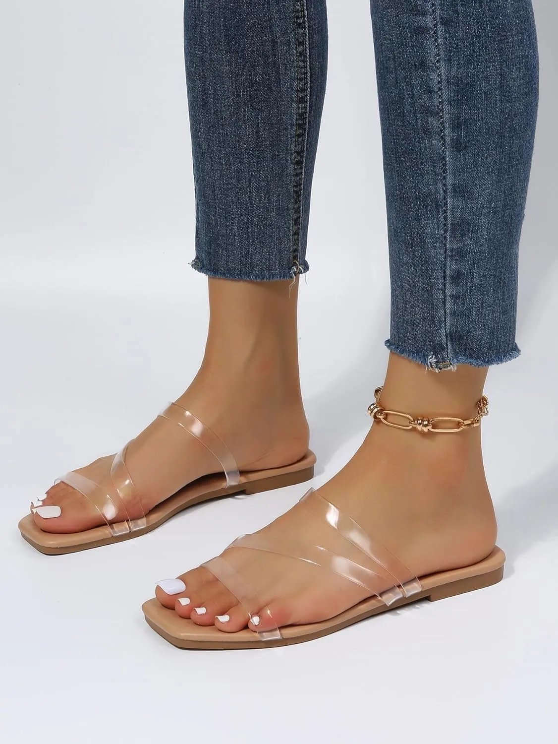 GORGLITTER Women's Clear Sandals Strappy Jelly Flat Slides Dressy Open Toe Cute Vacation Beach Shoes 2025