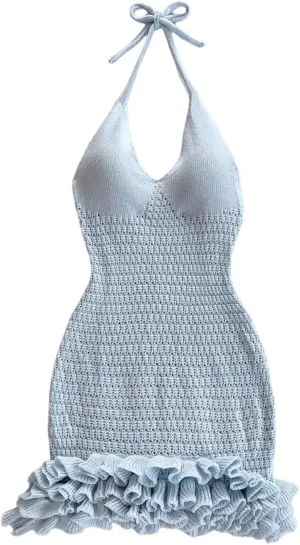 GORGLITTER Women's Crochet Halter Bodycon Mini Dress Bow Open Back Sleeveless Bubble Summer Knit Dress Elegant Classy