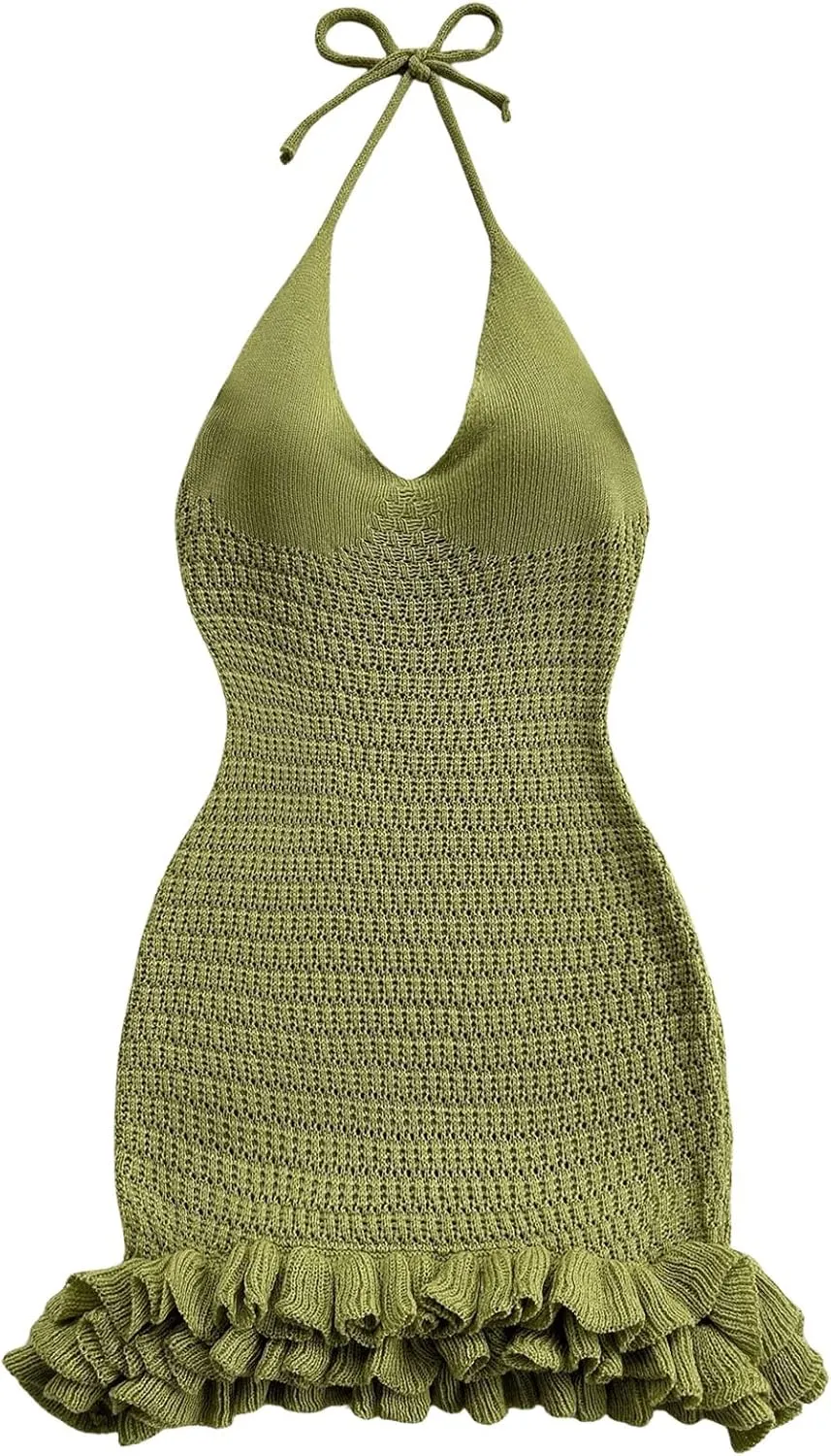 GORGLITTER Women's Crochet Halter Bodycon Mini Dress Bow Open Back Sleeveless Bubble Summer Knit Dress Elegant Classy