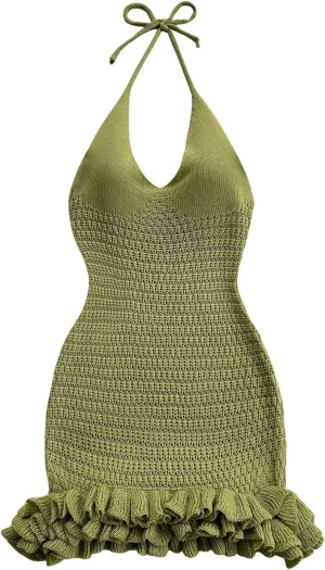 GORGLITTER Women's Crochet Halter Bodycon Mini Dress Bow Open Back Sleeveless Bubble Summer Knit Dress Elegant Classy