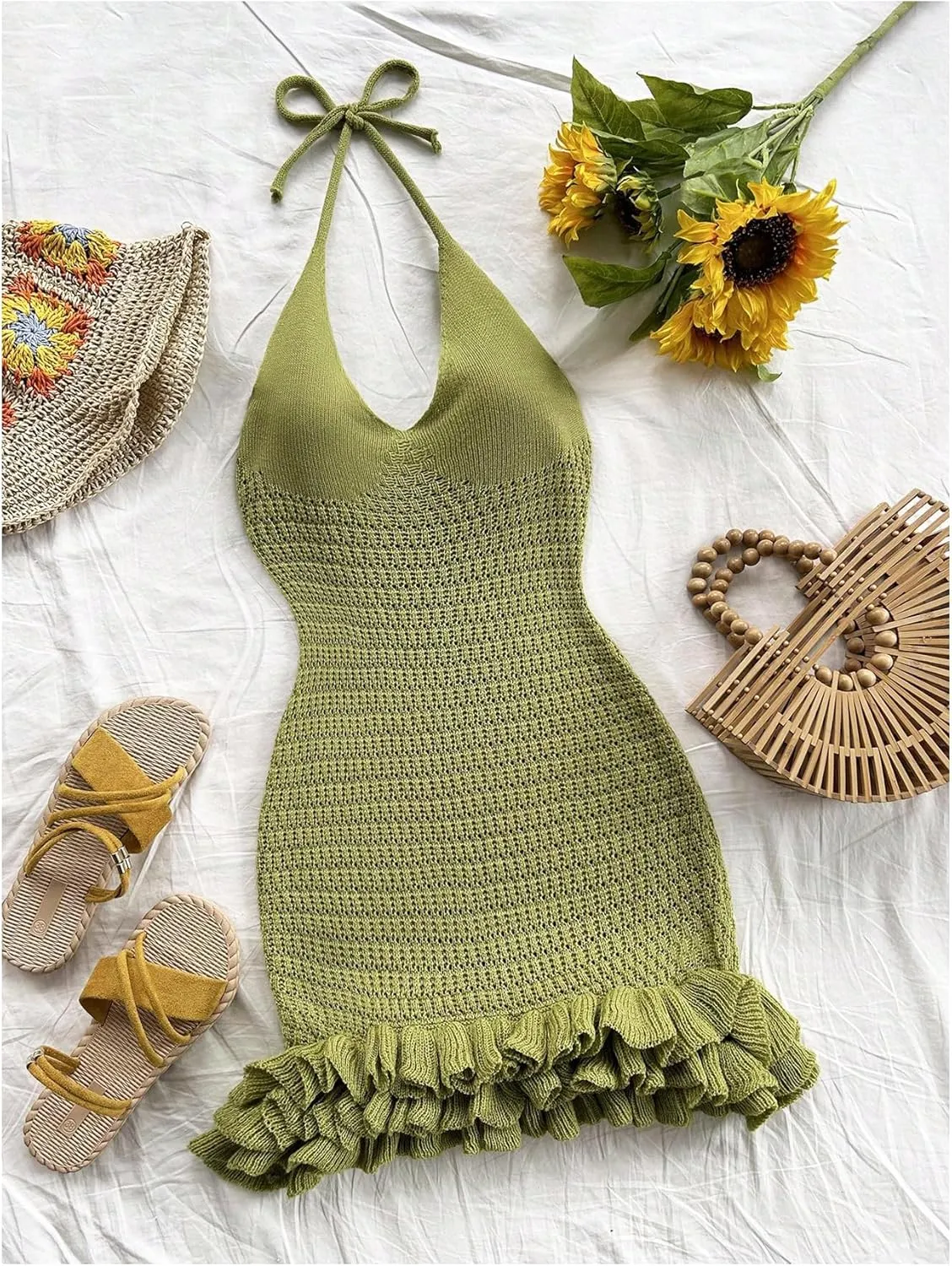 GORGLITTER Women's Crochet Halter Bodycon Mini Dress Bow Open Back Sleeveless Bubble Summer Knit Dress Elegant Classy