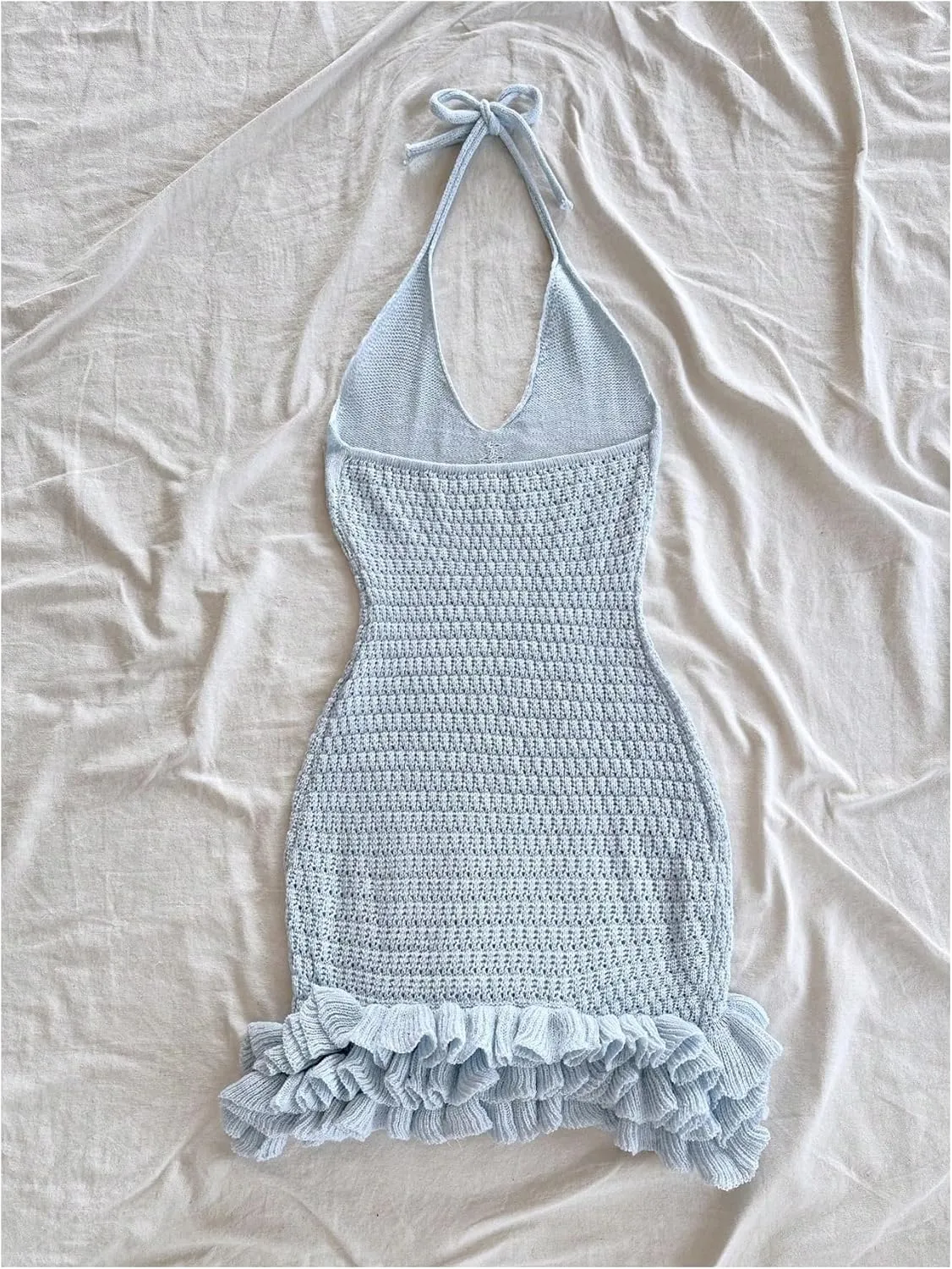 GORGLITTER Women's Crochet Halter Bodycon Mini Dress Bow Open Back Sleeveless Bubble Summer Knit Dress Elegant Classy