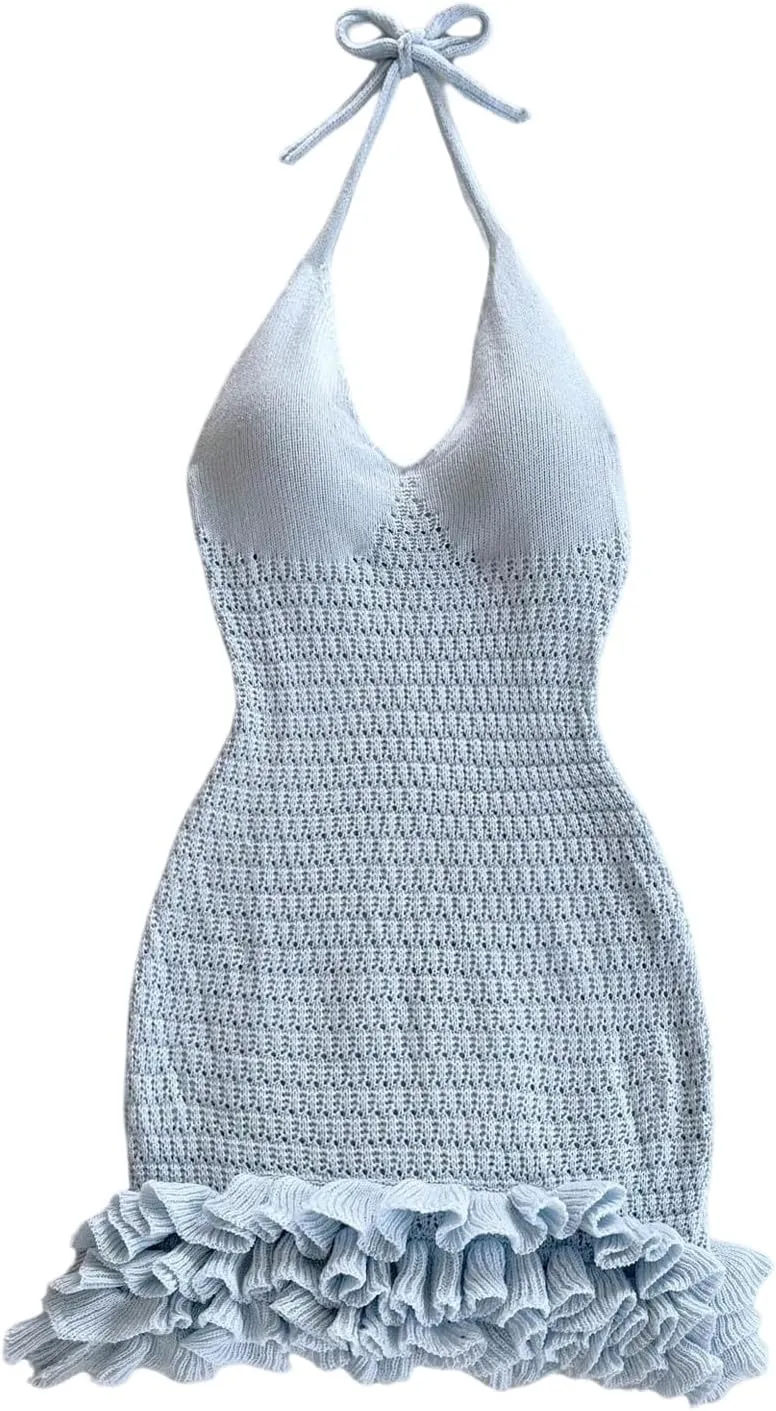 GORGLITTER Women's Crochet Halter Bodycon Mini Dress Bow Open Back Sleeveless Bubble Summer Knit Dress Elegant Classy