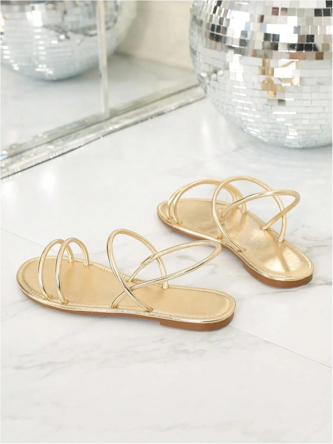 GORGLITTER Women's Metallic Strappy Flat Sandals Open Toe Dressy Ankle Strap Vacation Slide Sandal