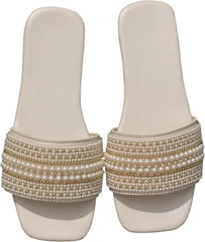 GORGLITTER Women's Pearl Sandals Comfortable Square Toe Dressy Sandals Flat Slides
