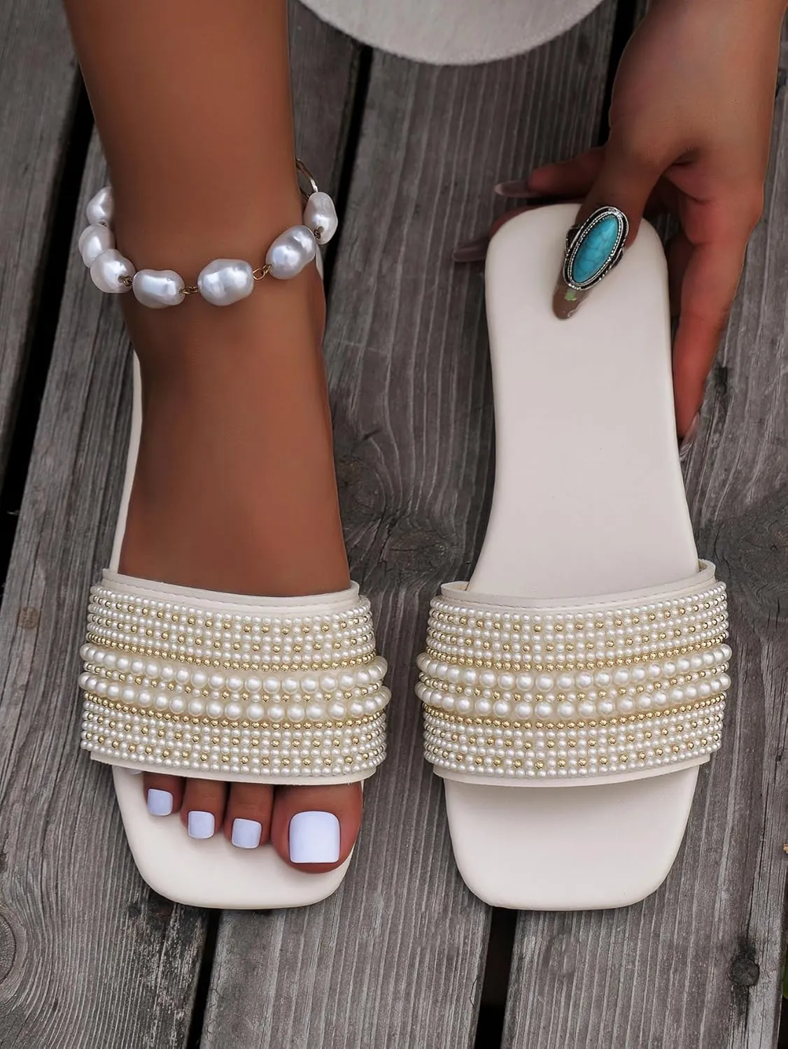 GORGLITTER Women's Pearl Sandals Comfortable Square Toe Dressy Sandals Flat Slides