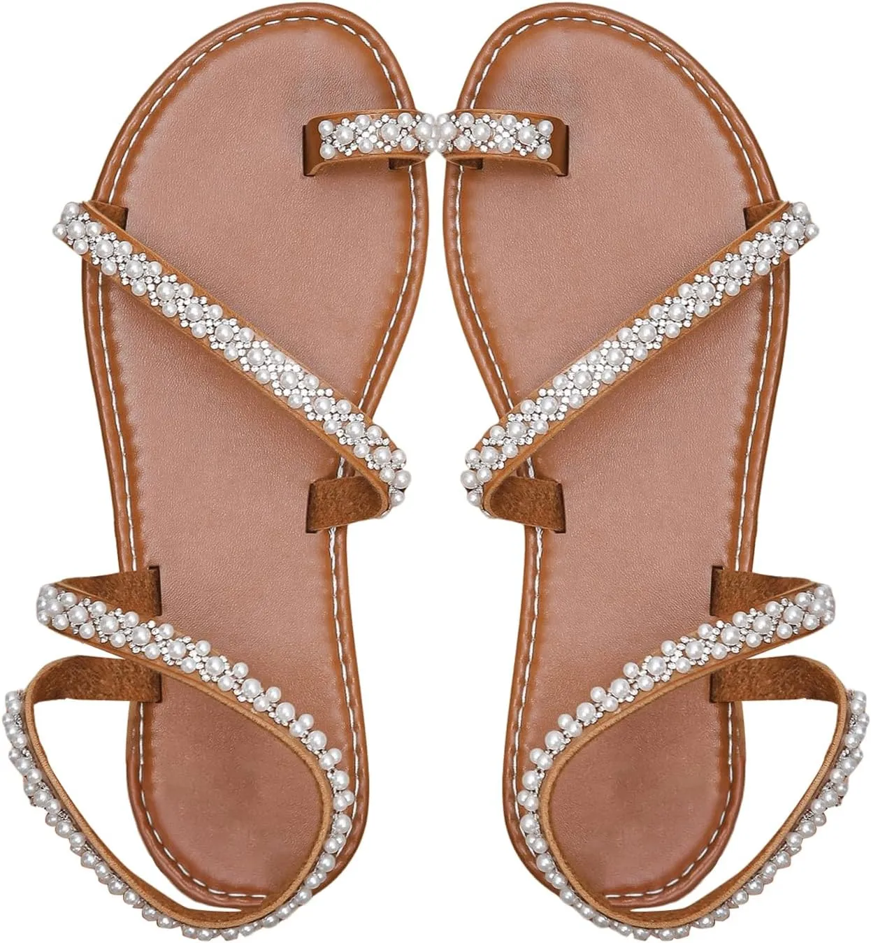 GORGLITTER Women's Pearl Strappy Flat Sandals Beaded Ankle Strap Toe Ring Summer Sandal