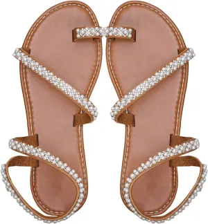 GORGLITTER Women's Pearl Strappy Flat Sandals Beaded Ankle Strap Toe Ring Summer Sandal