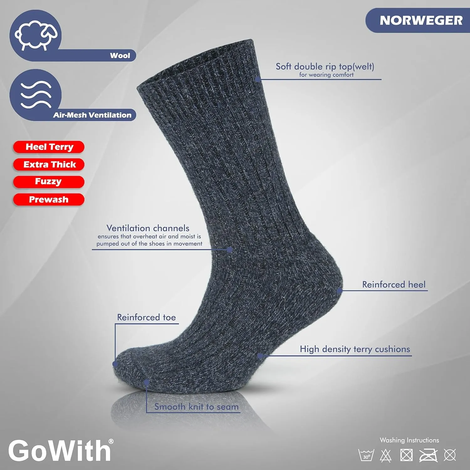 GoWith 3 Pairs Men's Thick Merino Wool Socks, Warm Cozy Winter Crew Socks, Thermal Full-Terry Fuzzy Knit Socks