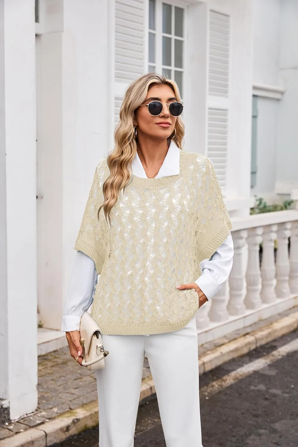 GRACE KARIN Women's 2025 Spring Summer Crochet Tops Scoop Neck Pullover Sweater Short Sleeve Off Shoulder Knit Beach Coverup