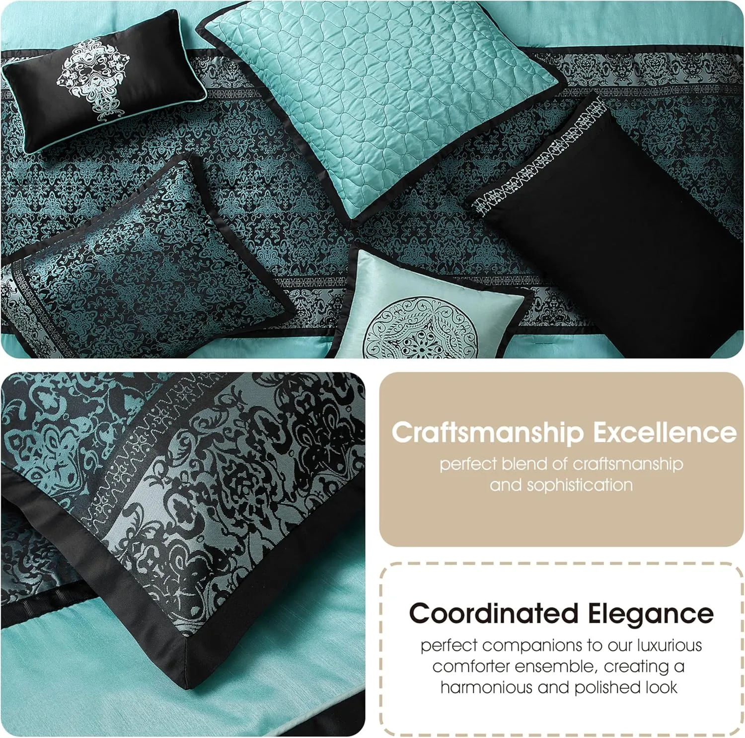 Grand Avenue Black & Teal Comforter Set Queen Size, Classic Jacquard Bedding Sets, Faux Silk, Premium Microfiber, 12 Pieces Bed in a Bag, Matching Fitted Sheet, Flat Sheet