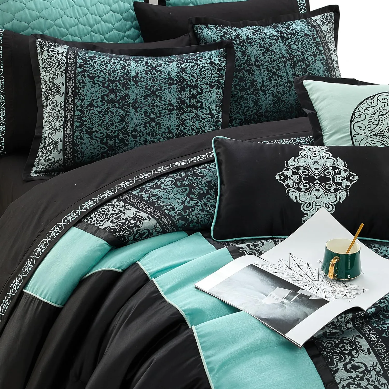Grand Avenue Black & Teal Comforter Set Queen Size, Classic Jacquard Bedding Sets, Faux Silk, Premium Microfiber, 12 Pieces Bed in a Bag, Matching Fitted Sheet, Flat Sheet