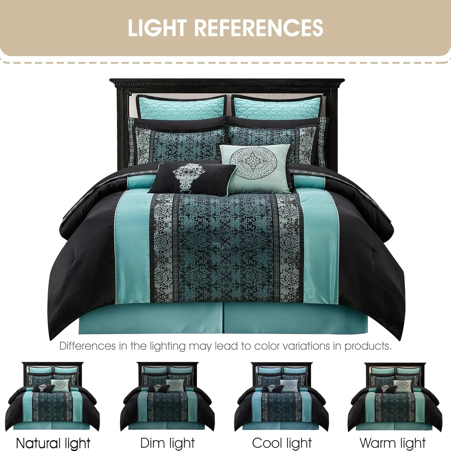 Grand Avenue Black & Teal Comforter Set Queen Size, Classic Jacquard Bedding Sets, Faux Silk, Premium Microfiber, 12 Pieces Bed in a Bag, Matching Fitted Sheet, Flat Sheet