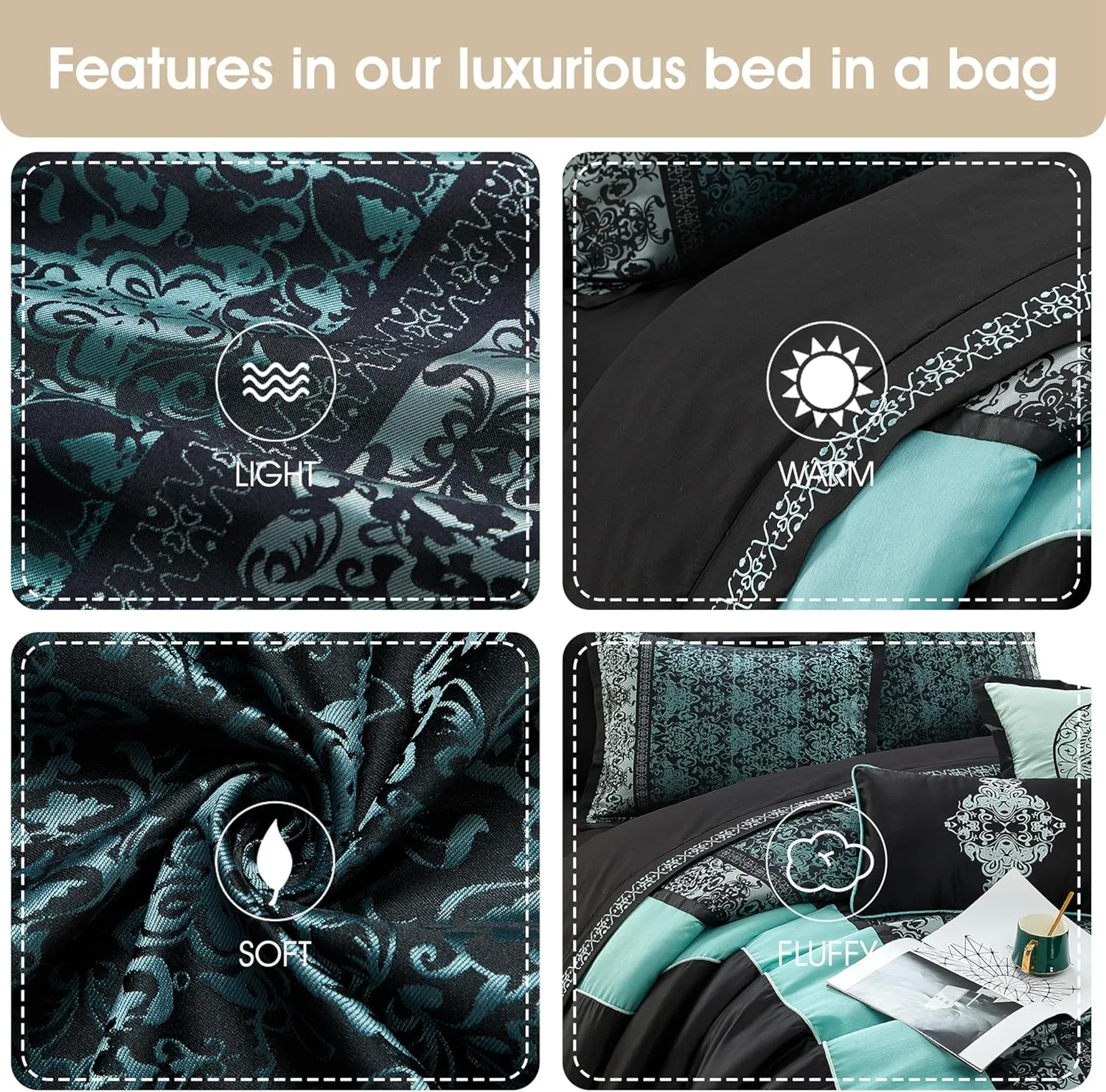 Grand Avenue Black & Teal Comforter Set Queen Size, Classic Jacquard Bedding Sets, Faux Silk, Premium Microfiber, 12 Pieces Bed in a Bag, Matching Fitted Sheet, Flat Sheet