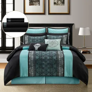 Grand Avenue Black & Teal Comforter Set Queen Size, Classic Jacquard Bedding Sets, Faux Silk, Premium Microfiber, 12 Pieces Bed in a Bag, Matching Fitted Sheet, Flat Sheet