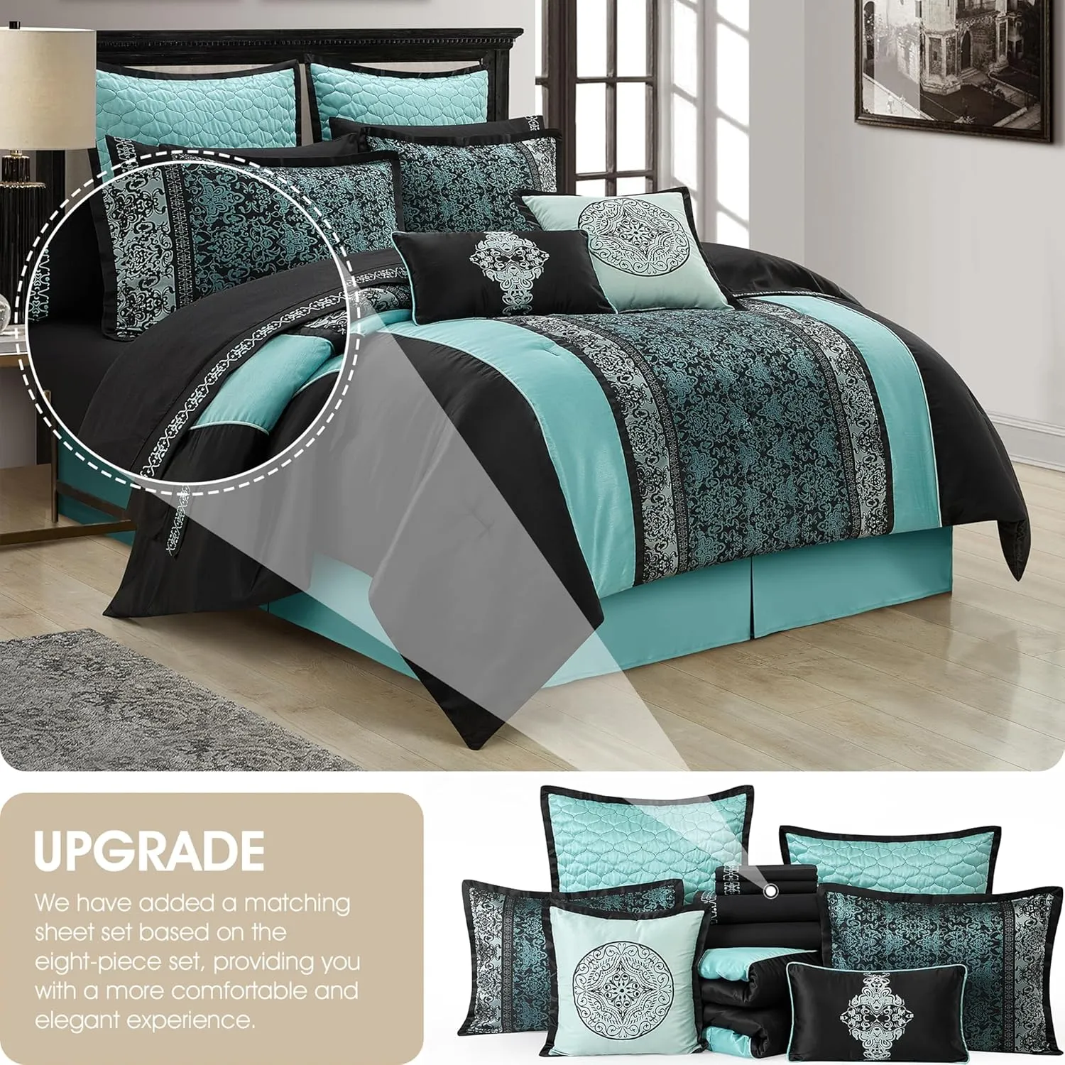 Grand Avenue Black & Teal Comforter Set Queen Size, Classic Jacquard Bedding Sets, Faux Silk, Premium Microfiber, 12 Pieces Bed in a Bag, Matching Fitted Sheet, Flat Sheet