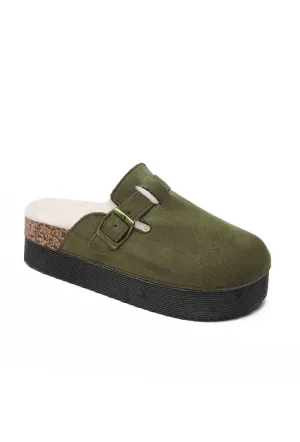 GREEN CHUNKY FLUFFY INSOLE FLATFORM FAUX SUEDE SLIPPERS WITH BUCKLE