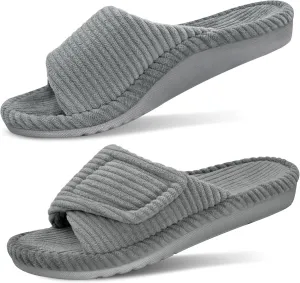 GRITHEIM Women's Orthopedic Arch Support Slippers Fuzzy Adjustable Orthotic Slippers for Plantar Fasciitis Ladies Furry Supportive Corduroy Memory Foam Open Toe Gift Slide