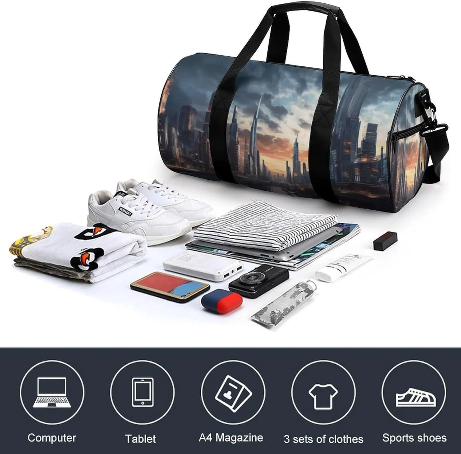 Gym Bag City Scape Duffel Bag for Men Women Overnight Bag with Shoe Compartment Workout Bags