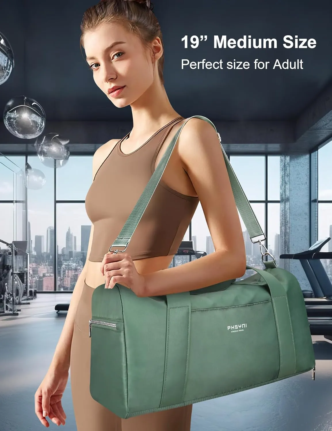 Gym Bag for Women Girls with Shoe Compartment & Wet Pocket - Duffle Bag for Travel Sports Fitness Workout Athletic, 19"-Medium, Olive Green