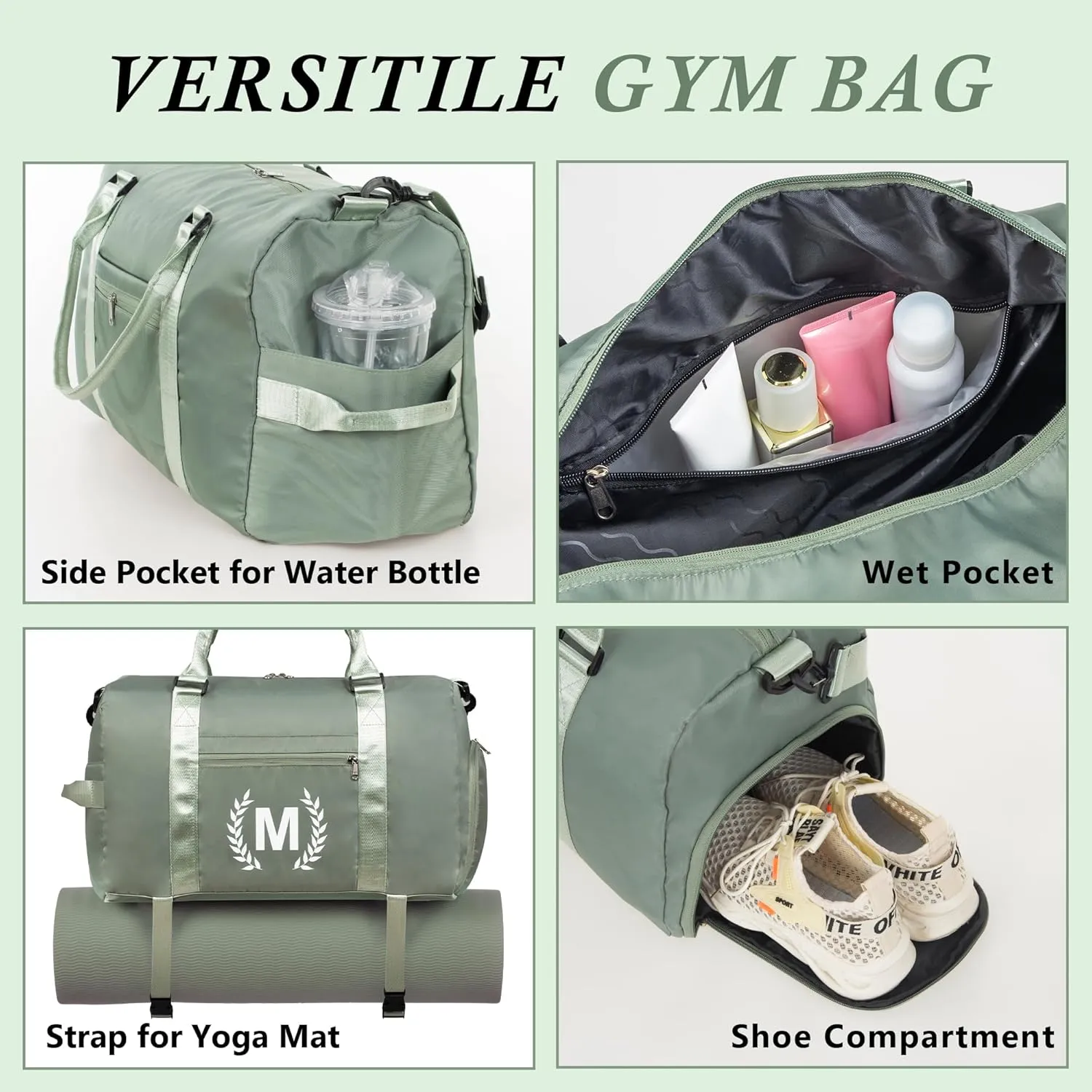 Gym Bag for Women, Personalized Duffle Bag with Shoe Compartment, Sports Bag for Yoga & Dance with Wet Pocket and Mat Strap.