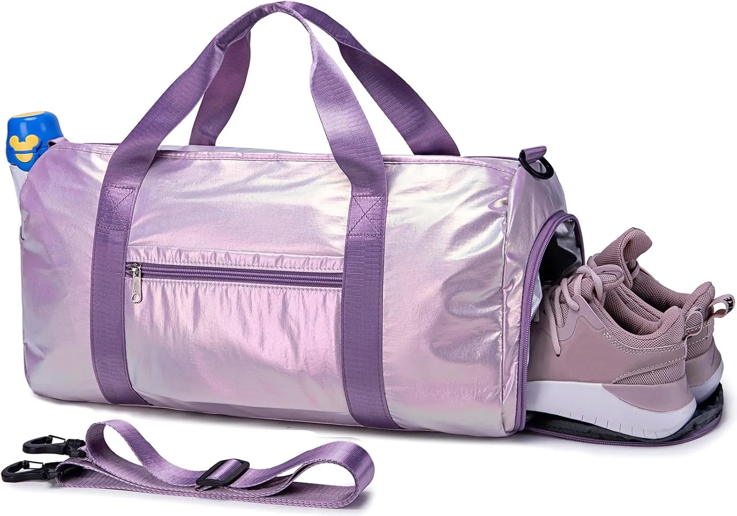 Gym Bag Sports Duffle Bag with Wet Pocket Weekender Overnight Bag with Waterproof Shoe Pouch and Air Hole for Women Girls Travel Foldable Bag (Metallic Purple)