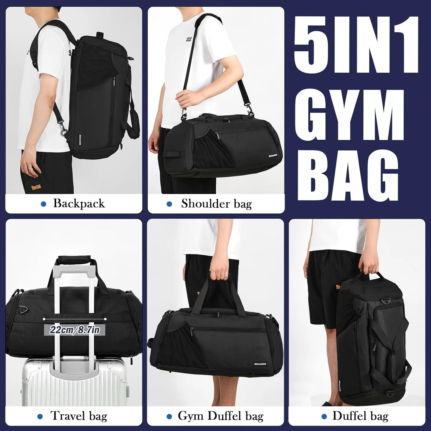 Gym Bags for Men Women 45L Large Gym Backpack Multiple Pockets Sport Duffle Bags with Shoe & Wet Compartment for Workout Travel Weekend Overnight Black