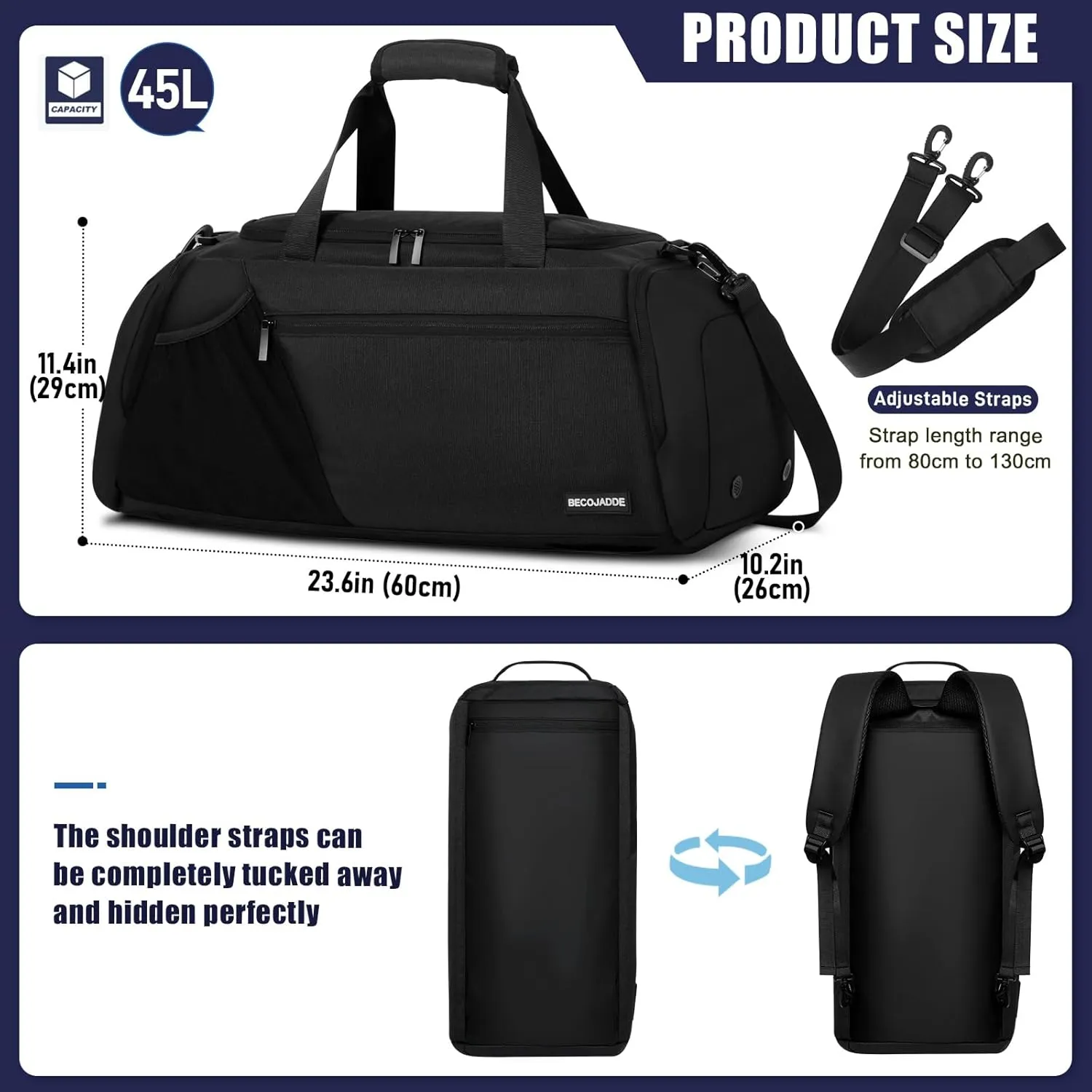 Gym Bags for Men Women 45L Large Gym Backpack Multiple Pockets Sport Duffle Bags with Shoe & Wet Compartment for Workout Travel Weekend Overnight Black