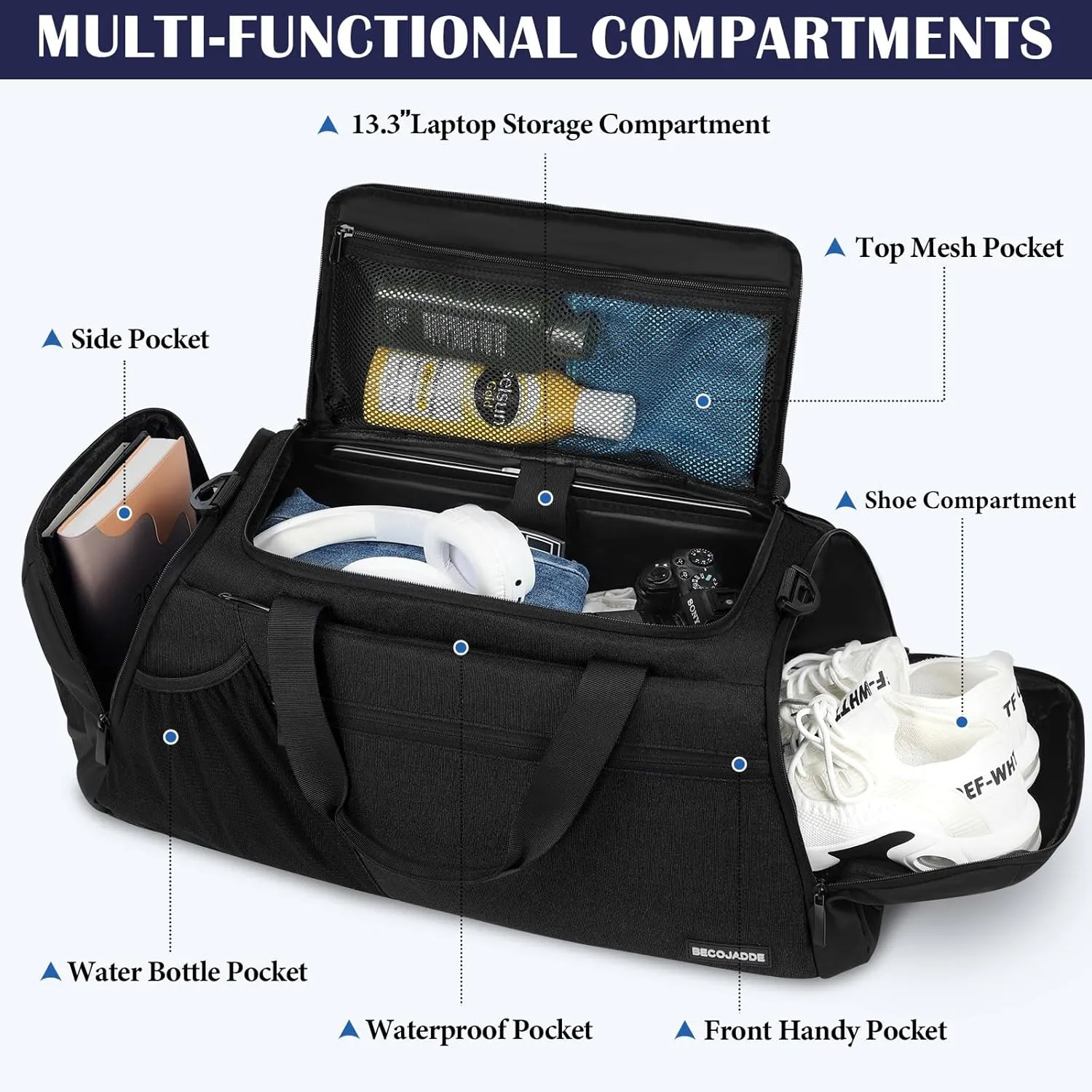 Gym Bags for Men Women 45L Large Gym Backpack Multiple Pockets Sport Duffle Bags with Shoe & Wet Compartment for Workout Travel Weekend Overnight Black