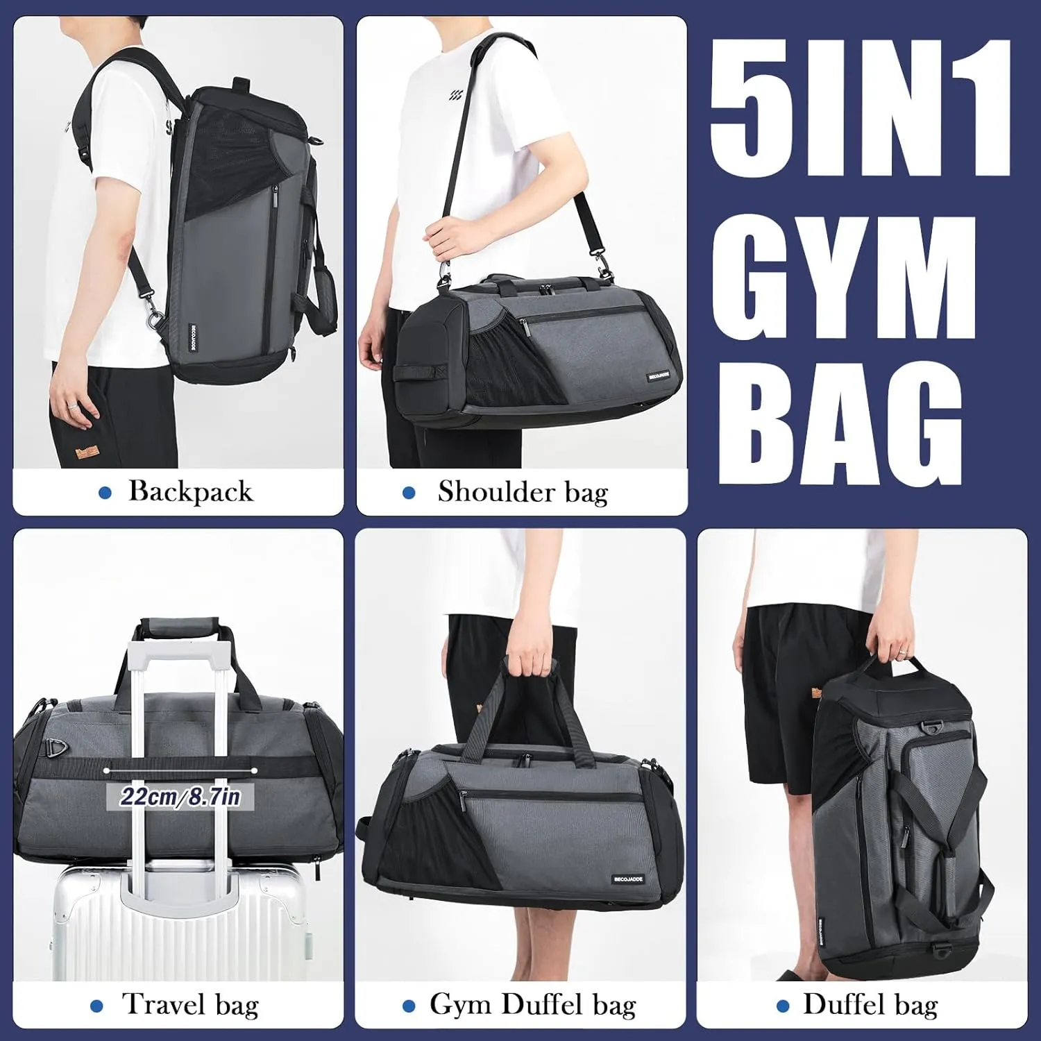 Gym Bags for Men Women 45L Large Gym Backpack Multiple Pockets Sport Duffle Bags with Shoe & Wet Compartment for Workout Travel Weekend Overnight Grey