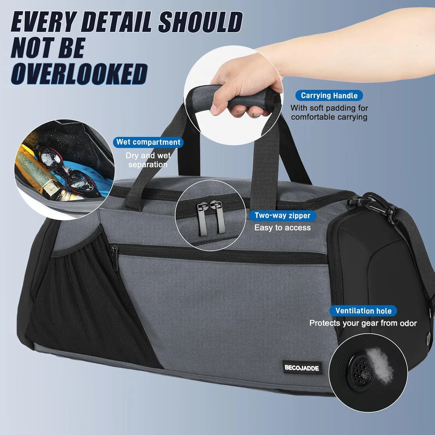 Gym Bags for Men Women 45L Large Gym Backpack Multiple Pockets Sport Duffle Bags with Shoe & Wet Compartment for Workout Travel Weekend Overnight Grey