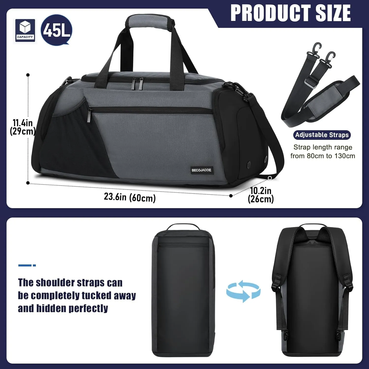 Gym Bags for Men Women 45L Large Gym Backpack Multiple Pockets Sport Duffle Bags with Shoe & Wet Compartment for Workout Travel Weekend Overnight Grey