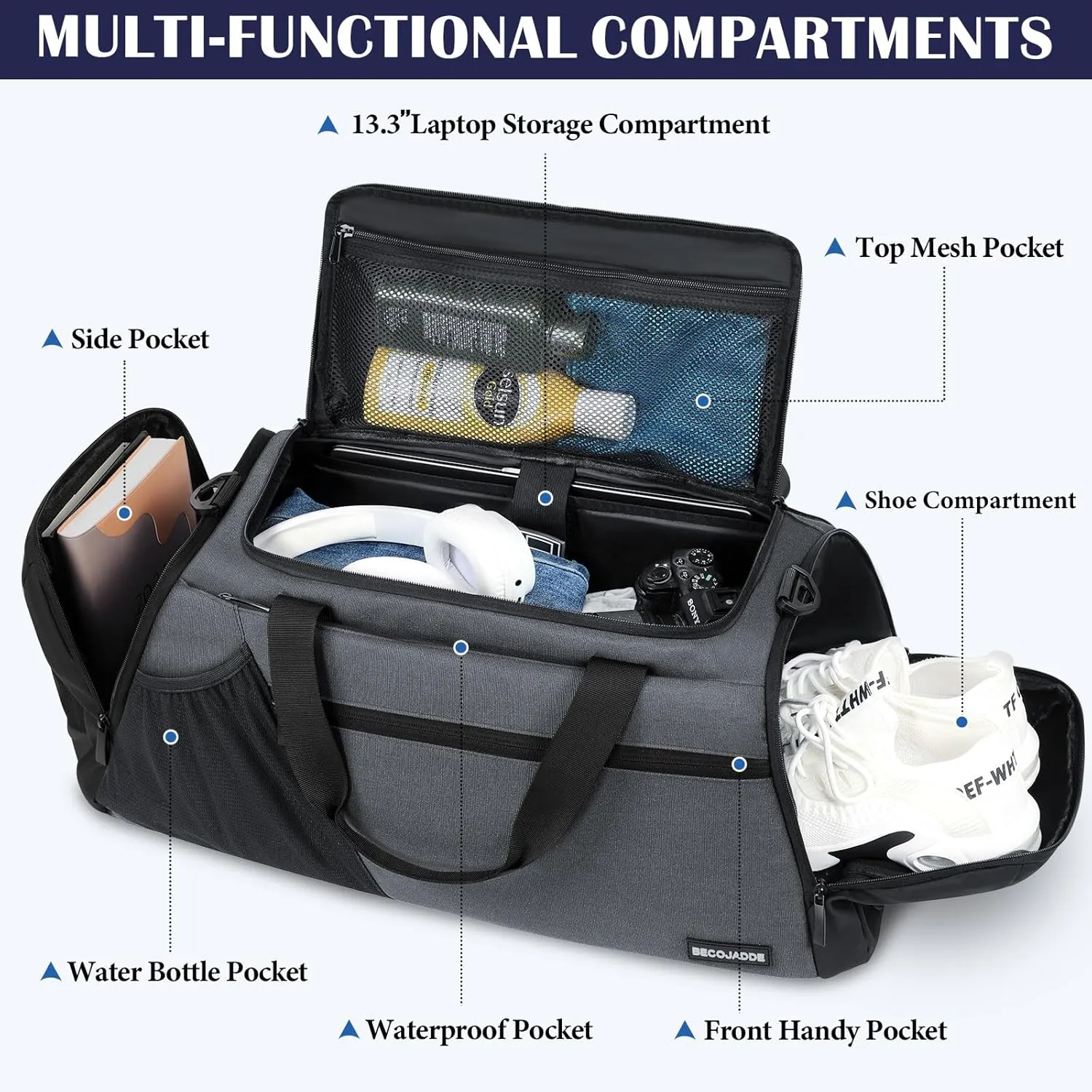 Gym Bags for Men Women 45L Large Gym Backpack Multiple Pockets Sport Duffle Bags with Shoe & Wet Compartment for Workout Travel Weekend Overnight Grey