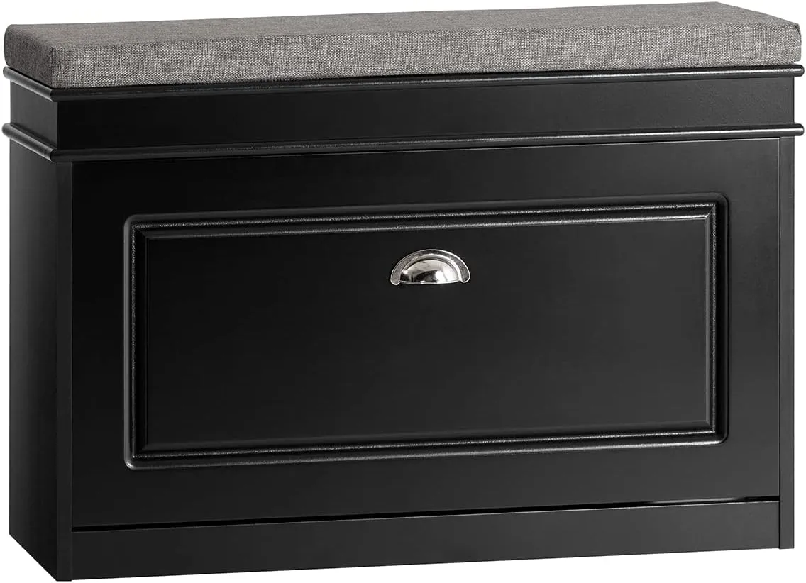 Haotian Shoe Storage Bench with Cushion, Black Narrow Shoe Rack for Entryway, Small Shoe Cabinet with 2 Tiers Flip-Drawer, Closet Hallway Mudroom FSR82-L-SCH