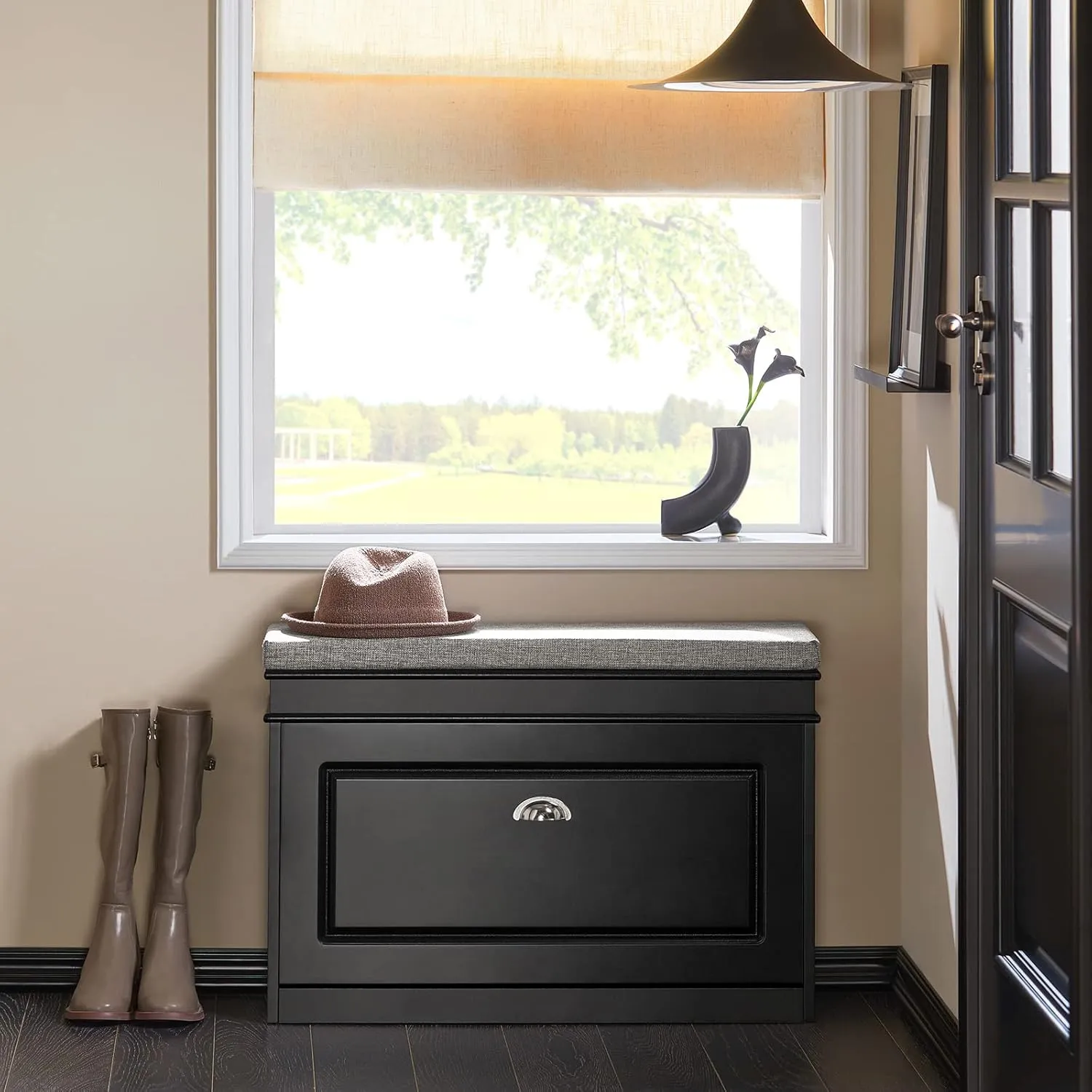 Haotian Shoe Storage Bench with Cushion, Black Narrow Shoe Rack for Entryway, Small Shoe Cabinet with 2 Tiers Flip-Drawer, Closet Hallway Mudroom FSR82-L-SCH