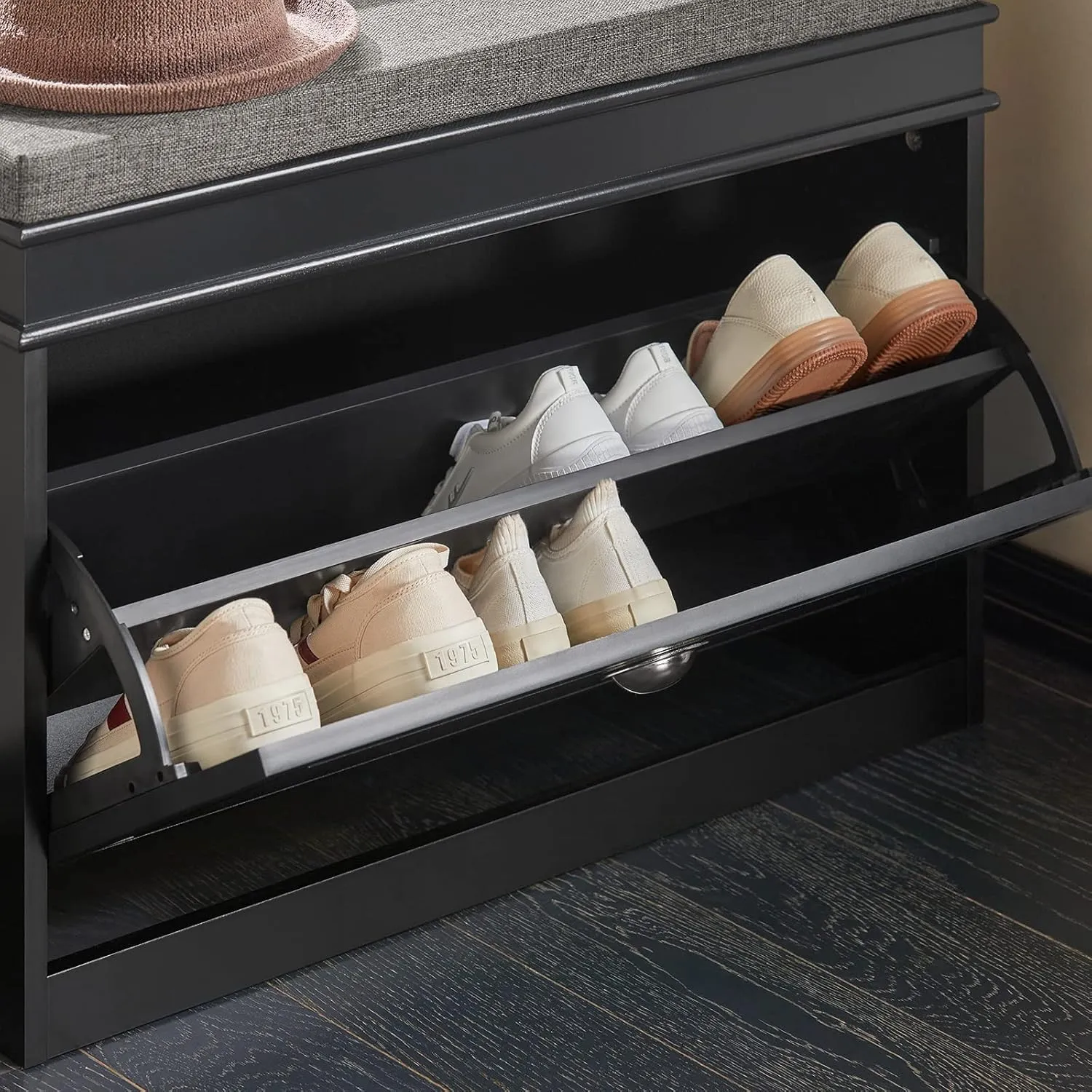 Haotian Shoe Storage Bench with Cushion, Black Narrow Shoe Rack for Entryway, Small Shoe Cabinet with 2 Tiers Flip-Drawer, Closet Hallway Mudroom FSR82-L-SCH