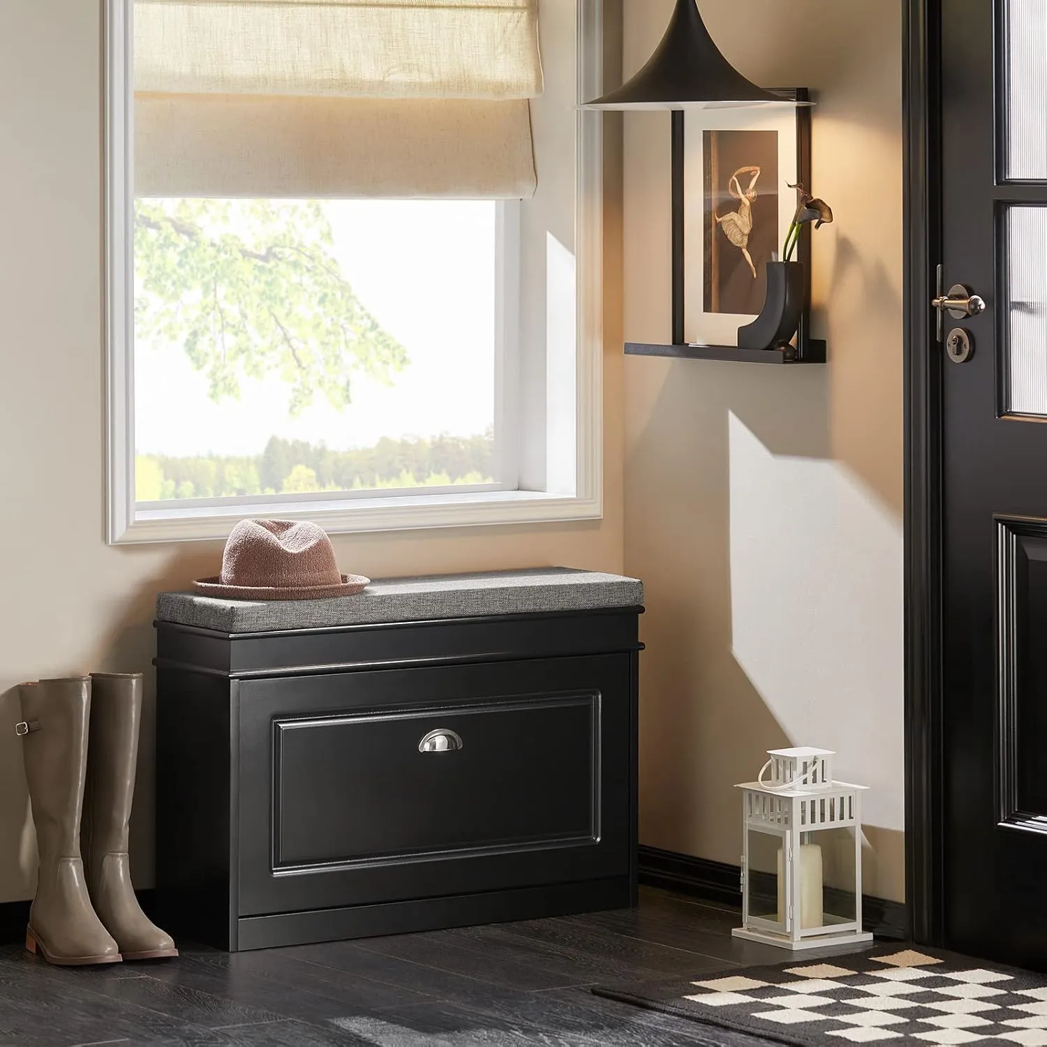 Haotian Shoe Storage Bench with Cushion, Black Narrow Shoe Rack for Entryway, Small Shoe Cabinet with 2 Tiers Flip-Drawer, Closet Hallway Mudroom FSR82-L-SCH
