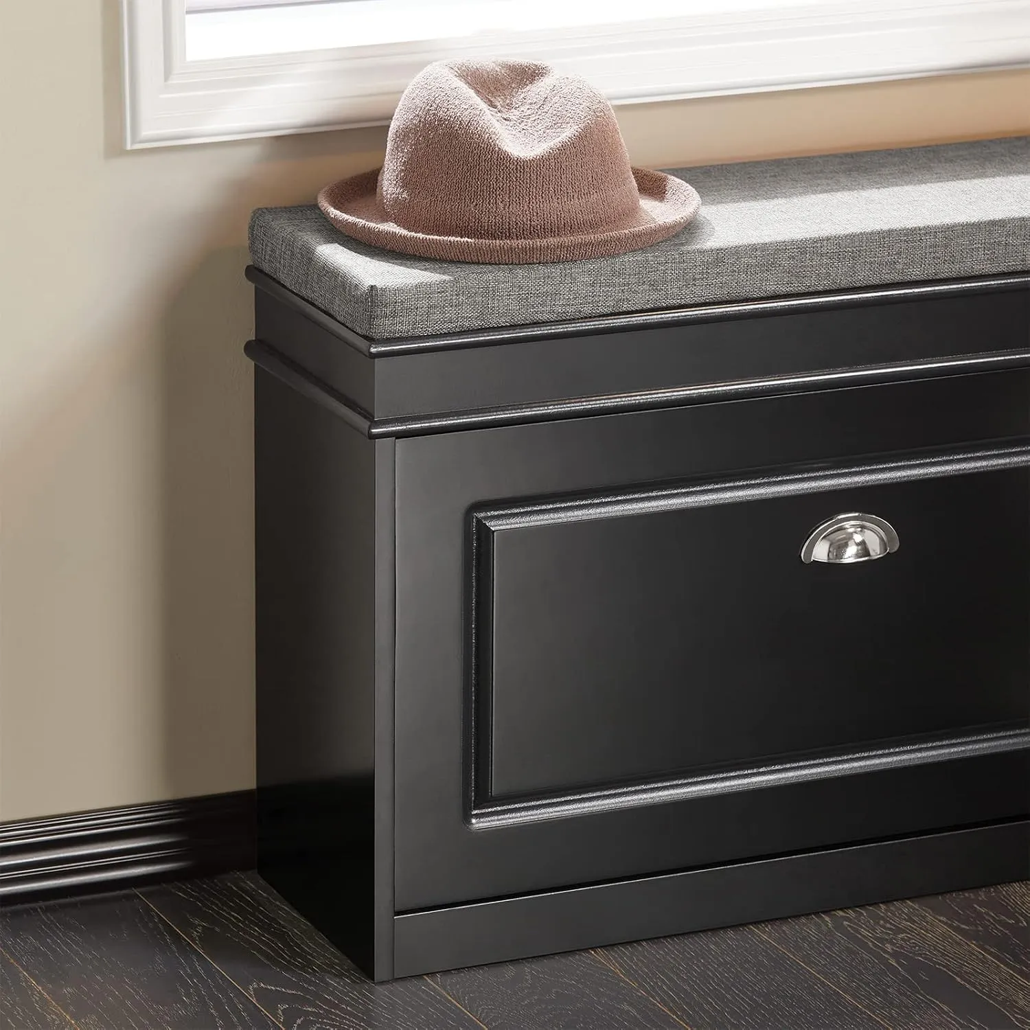 Haotian Shoe Storage Bench with Cushion, Black Narrow Shoe Rack for Entryway, Small Shoe Cabinet with 2 Tiers Flip-Drawer, Closet Hallway Mudroom FSR82-L-SCH