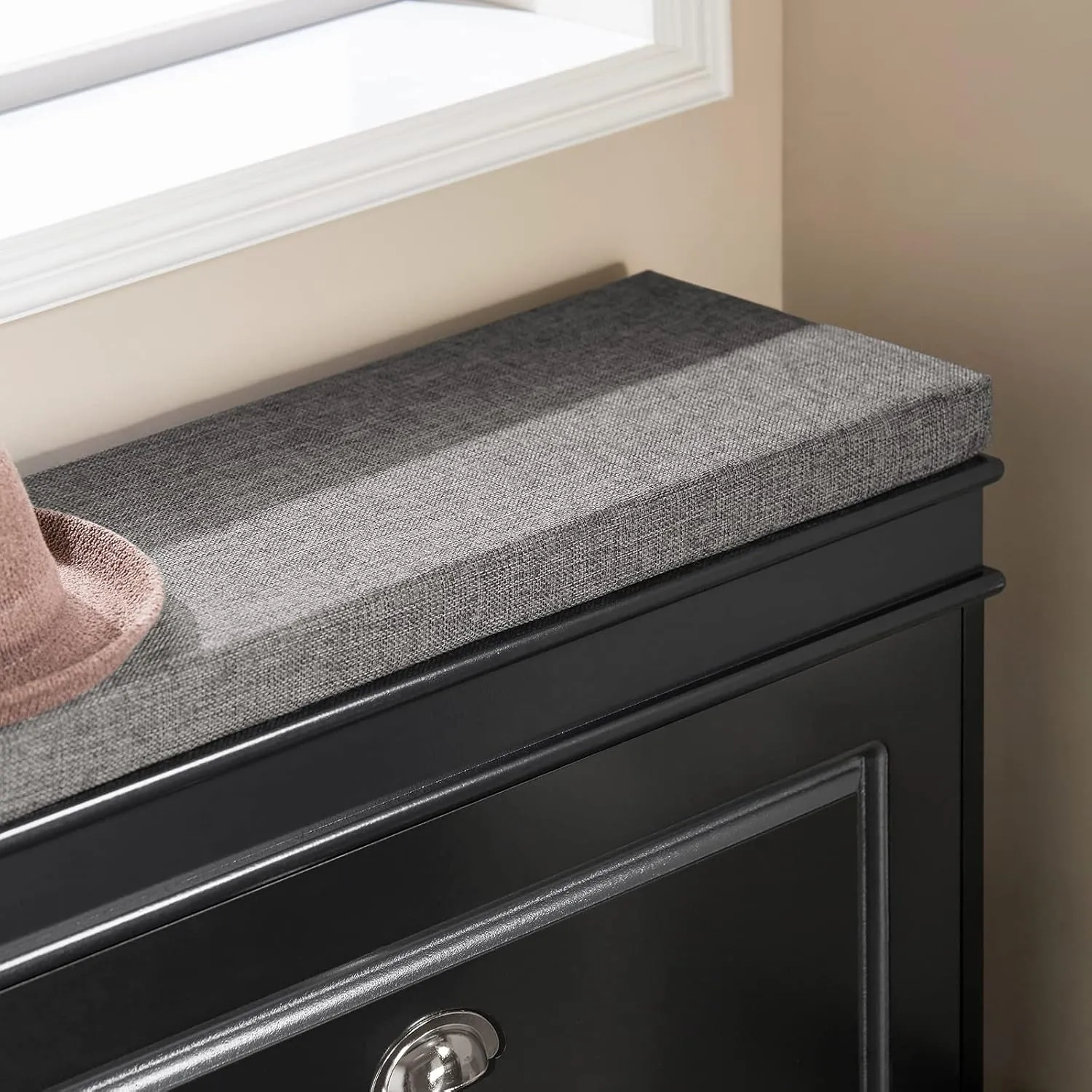 Haotian Shoe Storage Bench with Cushion, Black Narrow Shoe Rack for Entryway, Small Shoe Cabinet with 2 Tiers Flip-Drawer, Closet Hallway Mudroom FSR82-L-SCH