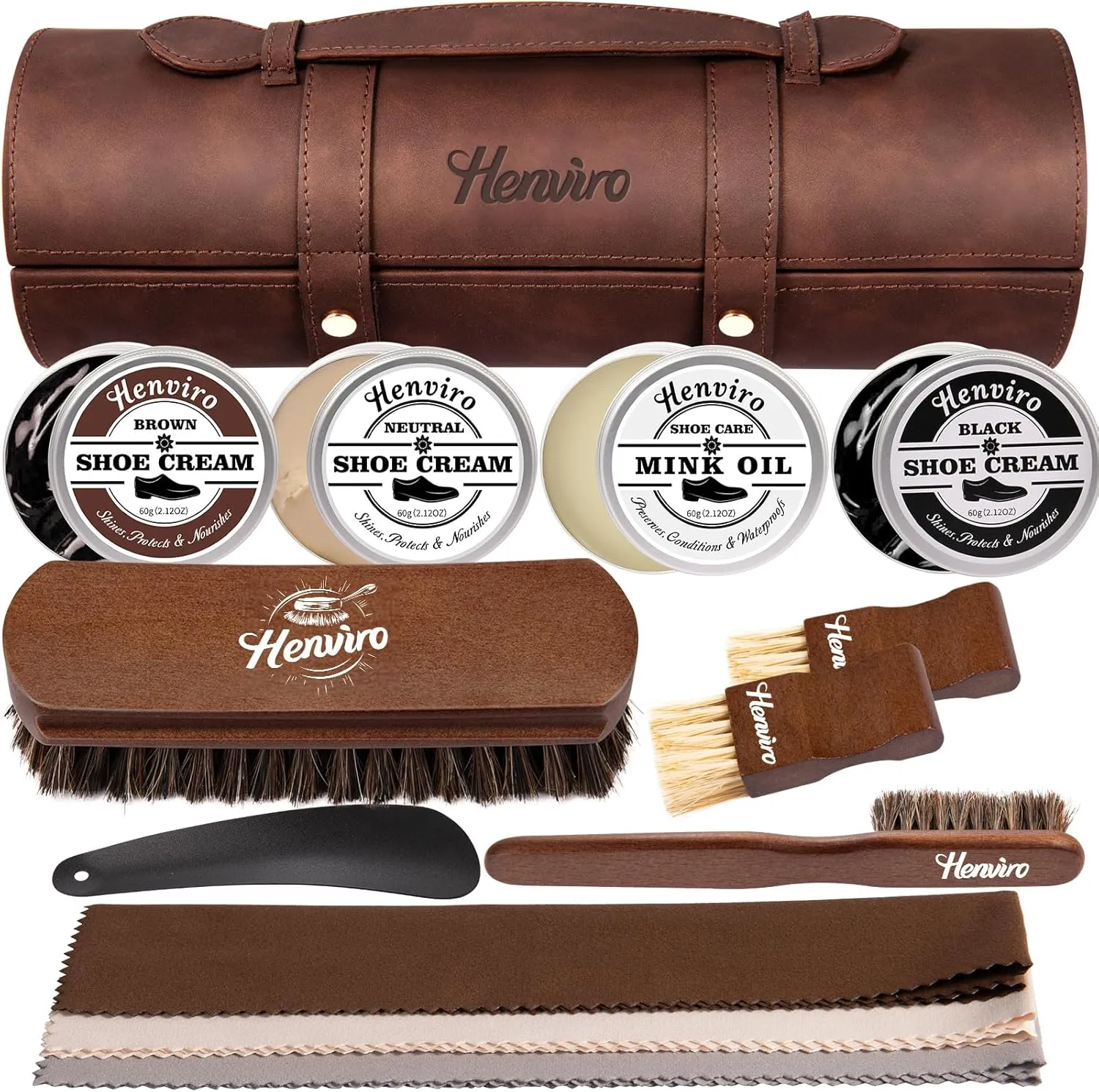 Henviro Leather Shoe Shine Kit For Men - 13 PC Shoe Polish Kit, Leather Boot Care, Shoe Care Kit Christmas Birthday Gift