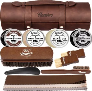 Henviro Leather Shoe Shine Kit For Men - 13 PC Shoe Polish Kit, Leather Boot Care, Shoe Care Kit Christmas Birthday Gift