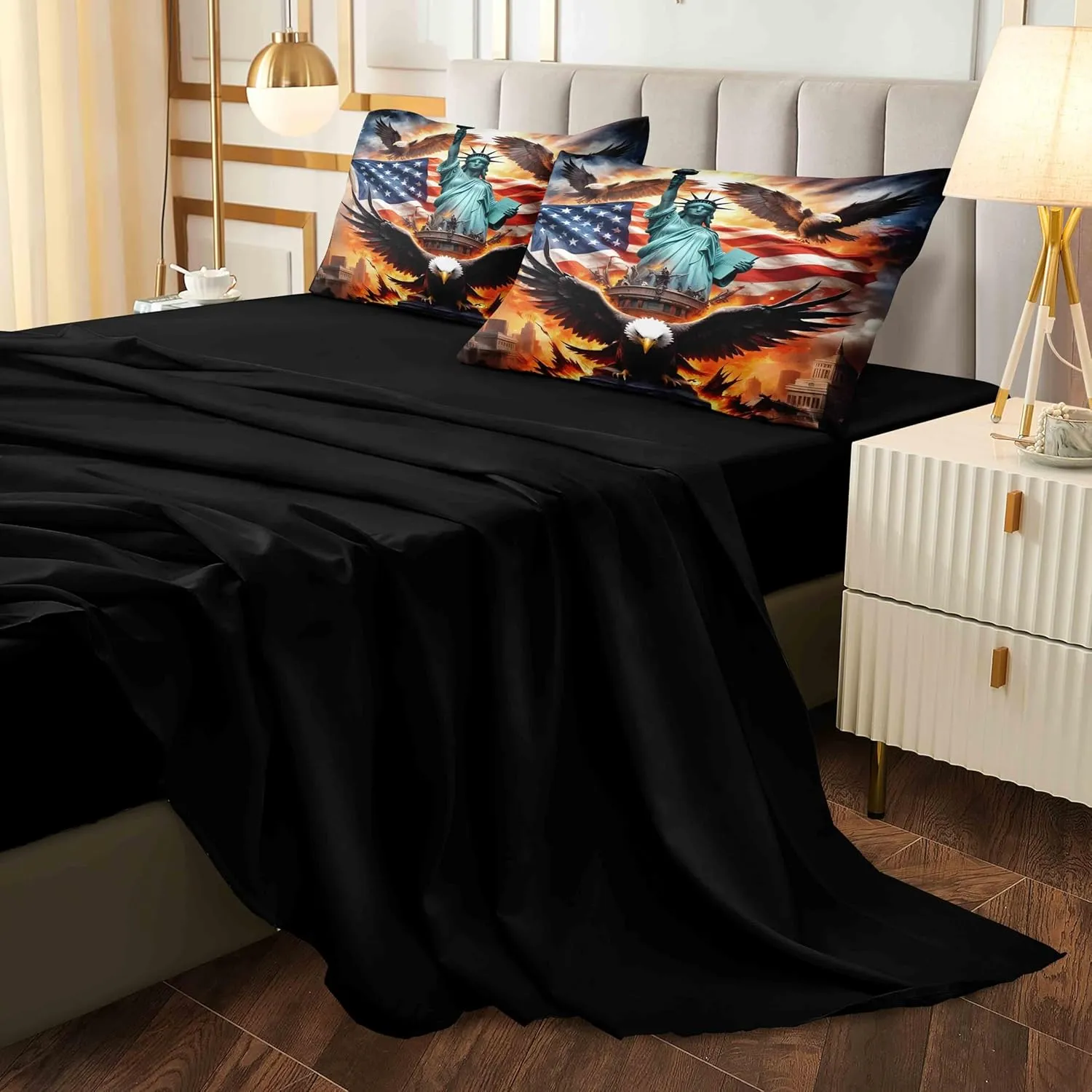 Herside American Flag Comforter Set 8 PCS Queen Size,Bald Eagle and Statue of Liberty Print Bedding Set,Wildlife Bird Room Decor Bedding Quilt Set Breathable Cozy Bed in a Bag Set for All Season