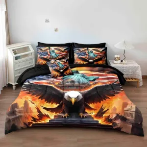 Herside American Flag Comforter Set 8 PCS Queen Size,Bald Eagle and Statue of Liberty Print Bedding Set,Wildlife Bird Room Decor Bedding Quilt Set Breathable Cozy Bed in a Bag Set for All Season