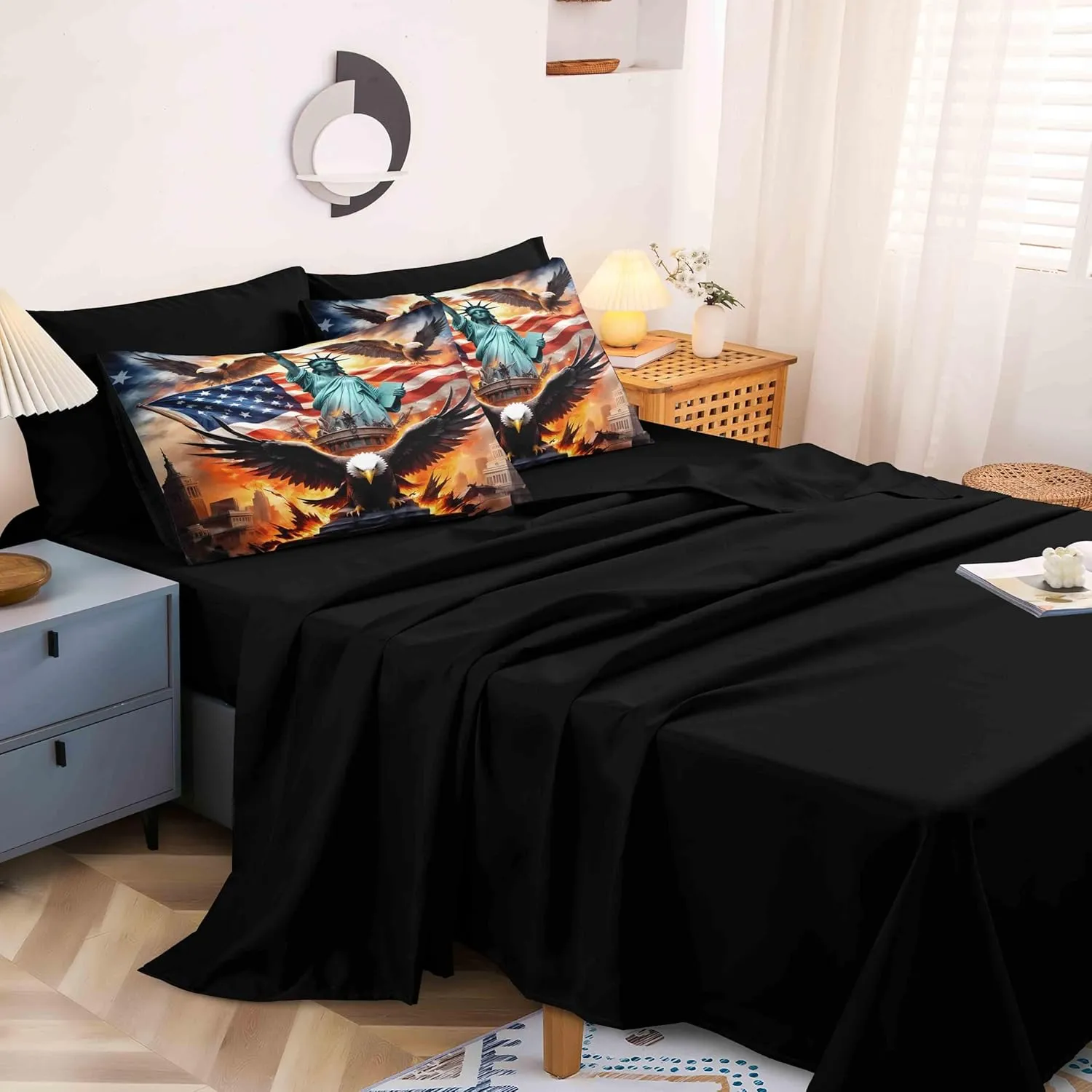 Herside American Flag Comforter Set 8 PCS Queen Size,Bald Eagle and Statue of Liberty Print Bedding Set,Wildlife Bird Room Decor Bedding Quilt Set Breathable Cozy Bed in a Bag Set for All Season