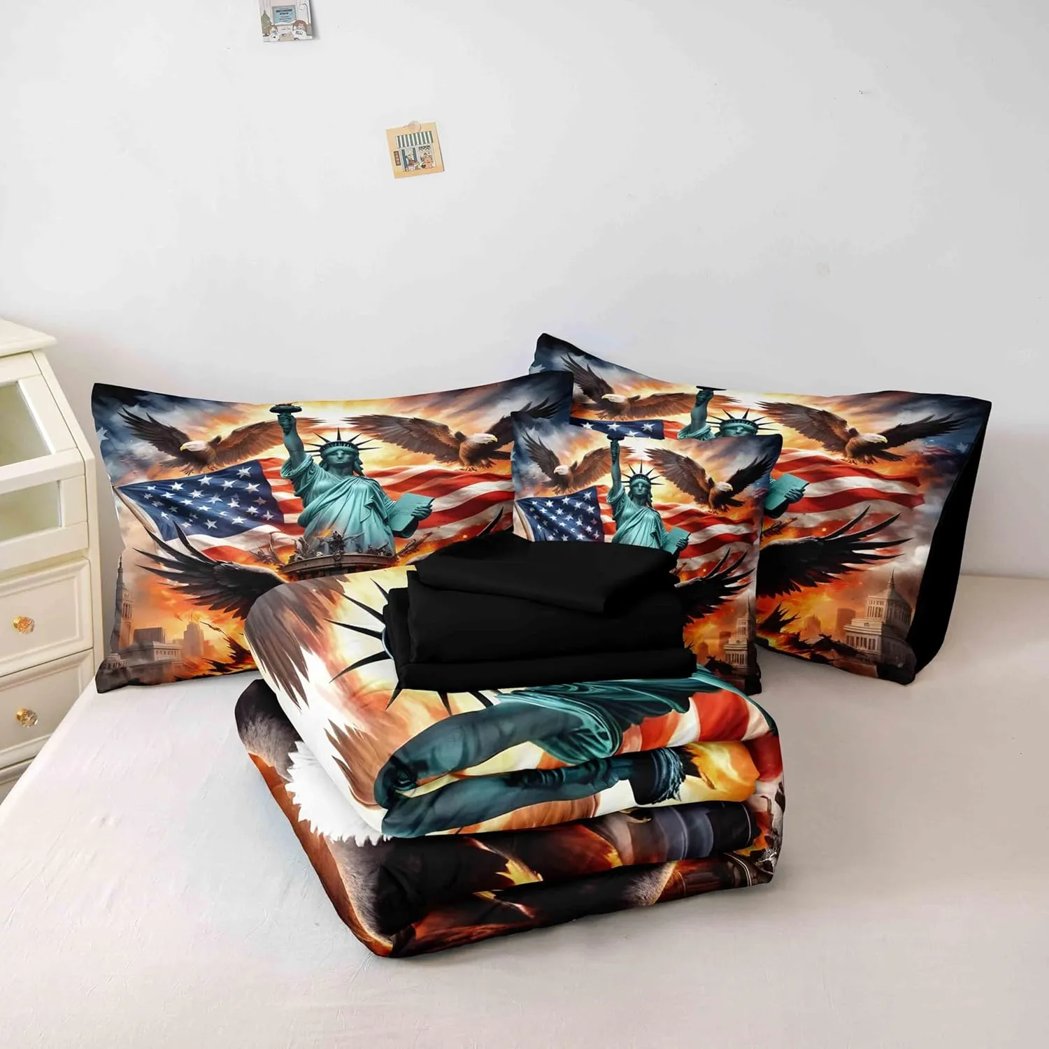 Herside American Flag Comforter Set 8 PCS Queen Size,Bald Eagle and Statue of Liberty Print Bedding Set,Wildlife Bird Room Decor Bedding Quilt Set Breathable Cozy Bed in a Bag Set for All Season