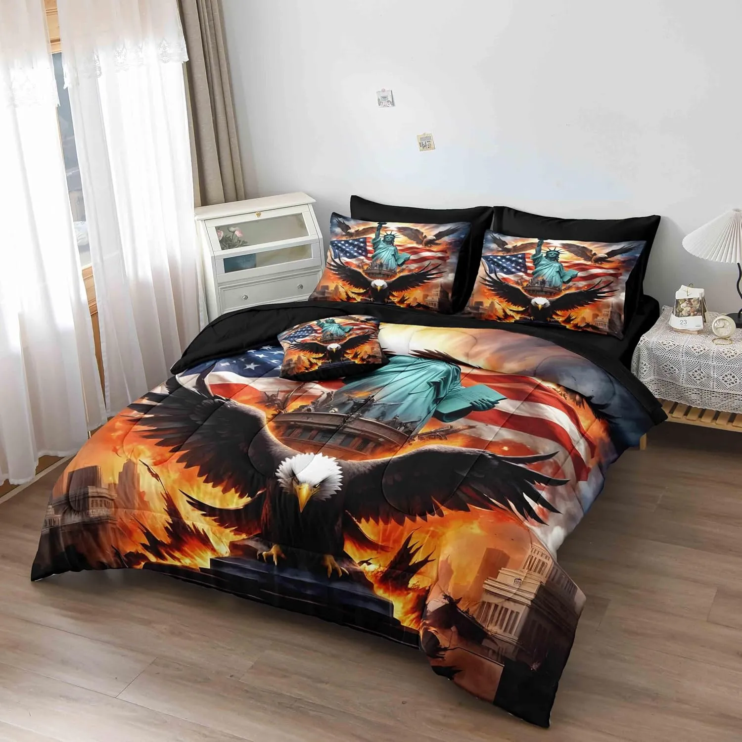 Herside American Flag Comforter Set 8 PCS Queen Size,Bald Eagle and Statue of Liberty Print Bedding Set,Wildlife Bird Room Decor Bedding Quilt Set Breathable Cozy Bed in a Bag Set for All Season