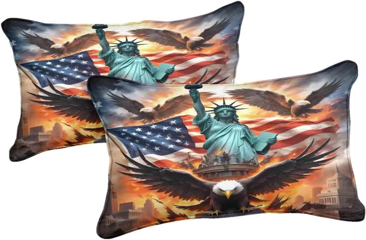 Herside American Flag Comforter Set 8 PCS Queen Size,Bald Eagle and Statue of Liberty Print Bedding Set,Wildlife Bird Room Decor Bedding Quilt Set Breathable Cozy Bed in a Bag Set for All Season