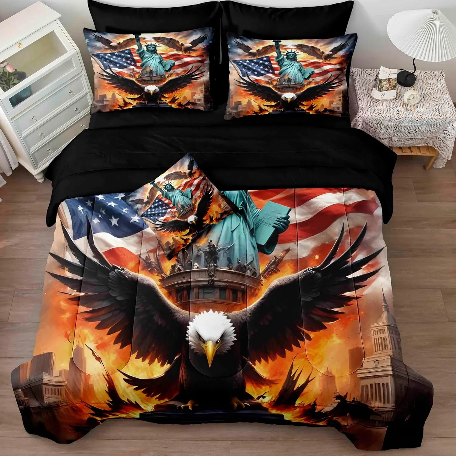 Herside American Flag Comforter Set 8 PCS Queen Size,Bald Eagle and Statue of Liberty Print Bedding Set,Wildlife Bird Room Decor Bedding Quilt Set Breathable Cozy Bed in a Bag Set for All Season